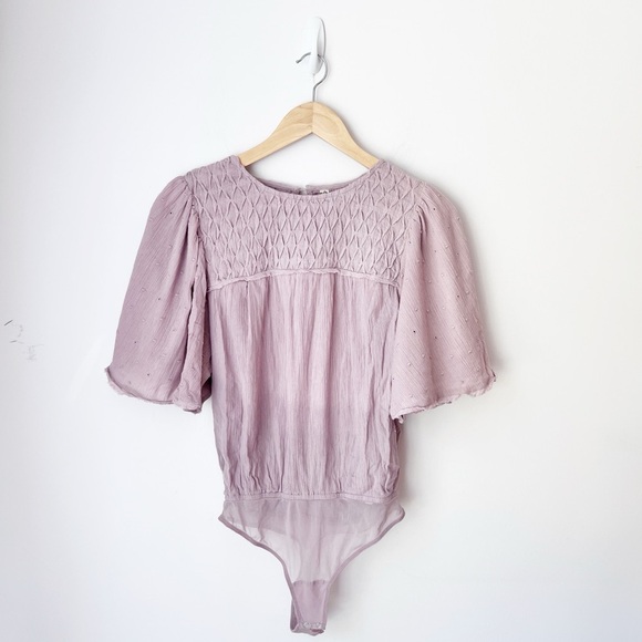 Free People Perfect Catch Lavender Bodysuit Open Back Bell Sleeve Boho Smocked - Picture 1 of 8